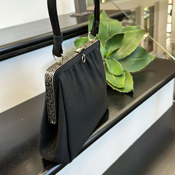 L and M vintage-look like new evening bag satchel purse black silver canvas - Picture 9 of 12